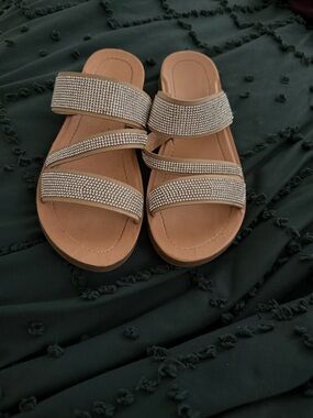 Fashion Nova Brown Slide Sandals with Silver Rhinestone Straps